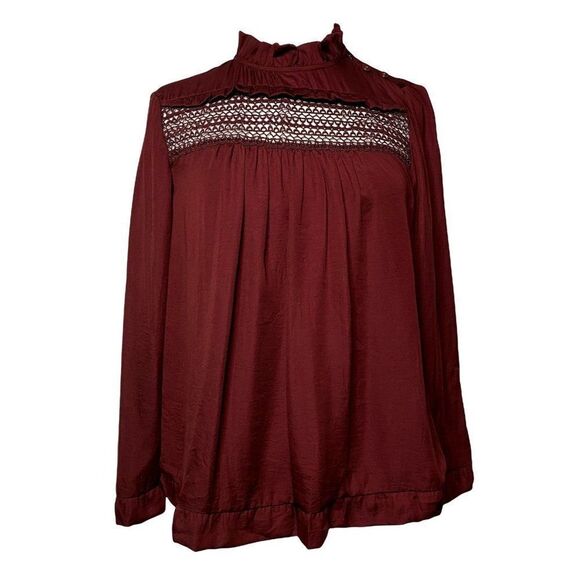 Anthropologie See You Soon Ruffled Eyelet Peasant Blouse Sz S Wine Boho Pullover - Picture 1 of 6